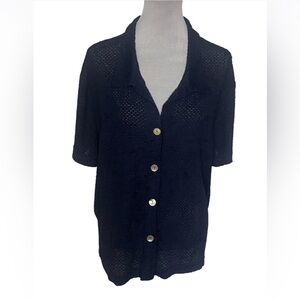 Nina Piccalino Navy Textured Top Sz L Button Front Open Weave Nylon Feel Modern